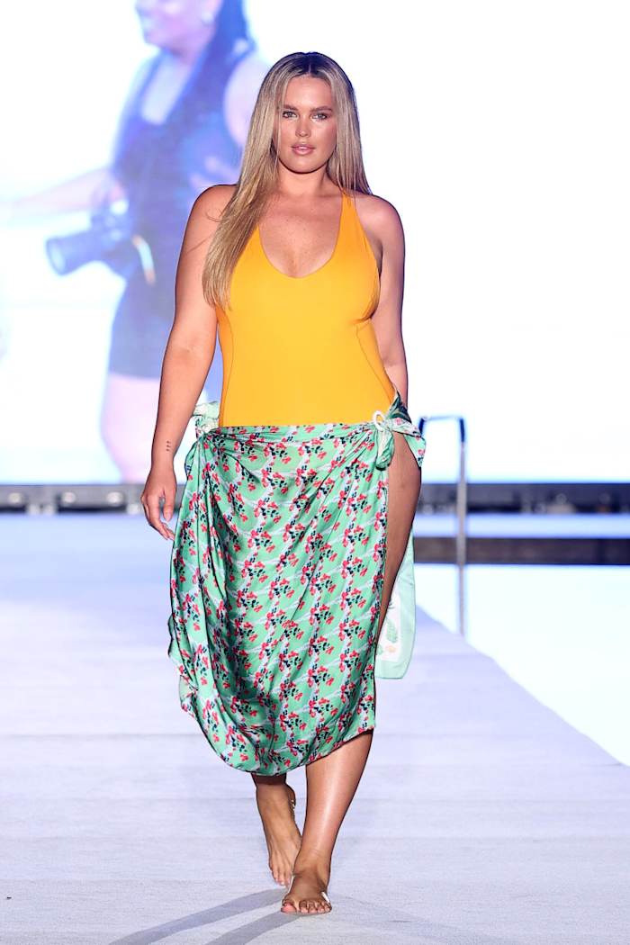 Georgina Burke walks the runway for Sports Illustrated Swimsuit Runway Show During Paraiso Miami Beach on July 16, 2022 in Miami Beach, Florida.